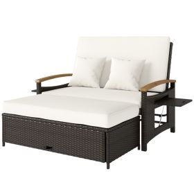 Rattan Outdoor Daybed w/4-Level Adjustable Backrest, Patio Sofa Bed w/Storage Ottoman, Acacia Wood Armrest, Beige (Option: Beige-1130x580x420 mm)